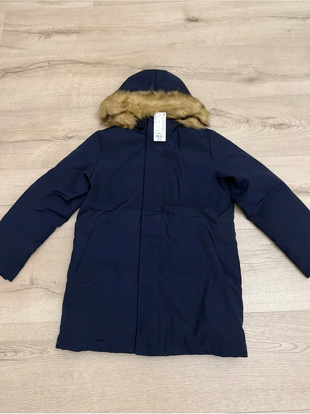 NEW - Uniqlo Navy Hooded Puffer Coat with Faux Fur Trim
